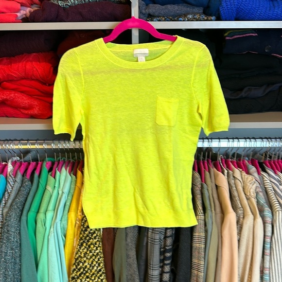 J Crew fluorescent yellow short sleeve crew neck cashmere sweater size XS​ - Picture 1 of 3
